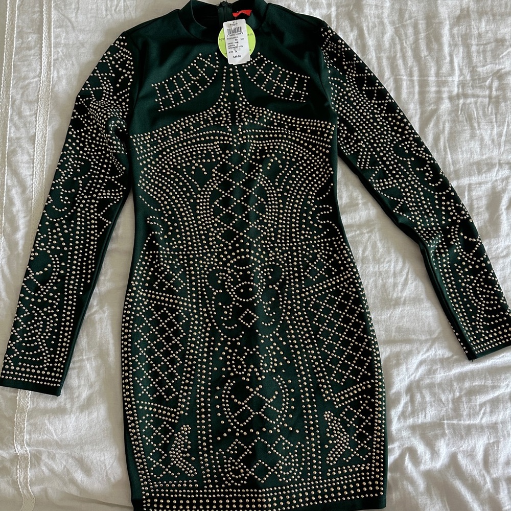 Hunter Green Embellished Bodycon Dress with Long Sleeves